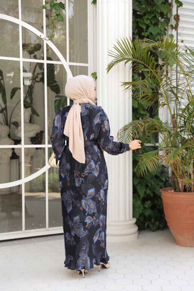 Pileli Desenli Siyah Tesettür Elbise 23502S - 3