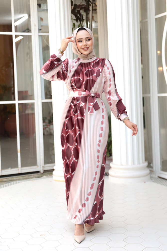 Pileli Desenli Somon Tesettür Elbise 23503SMN - 2