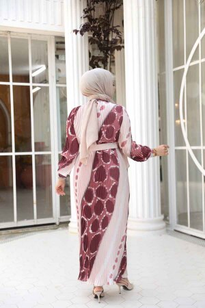 Pileli Desenli Somon Tesettür Elbise 23503SMN - 3