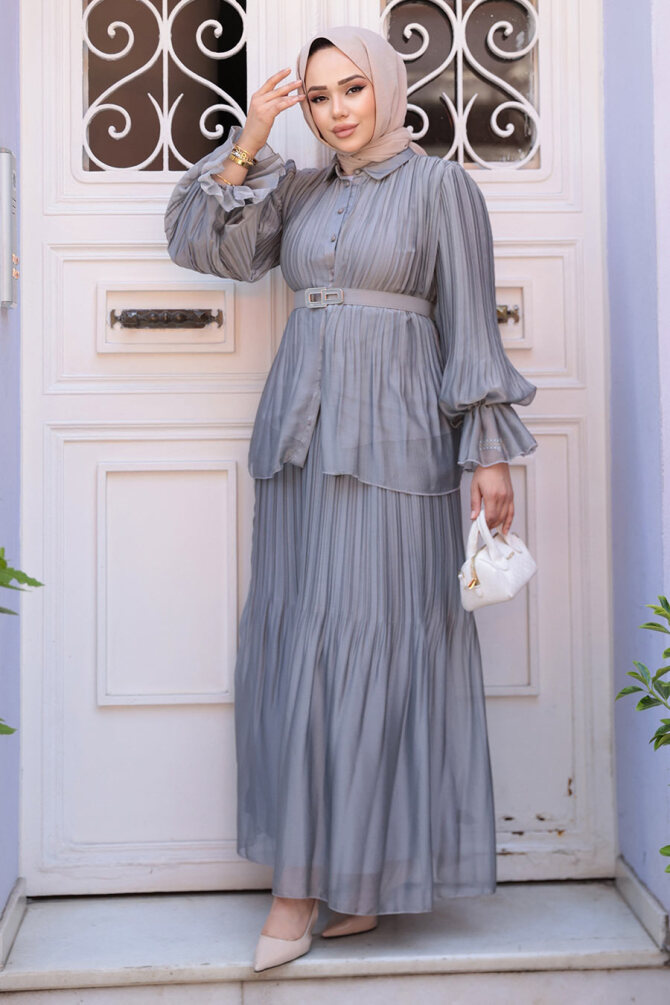 Pileli Füme Tesettür Etekli İkili Takım 4478FU - 1