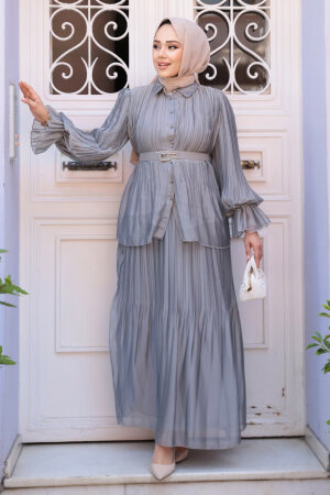 Pileli Füme Tesettür Etekli İkili Takım 4478FU - 2