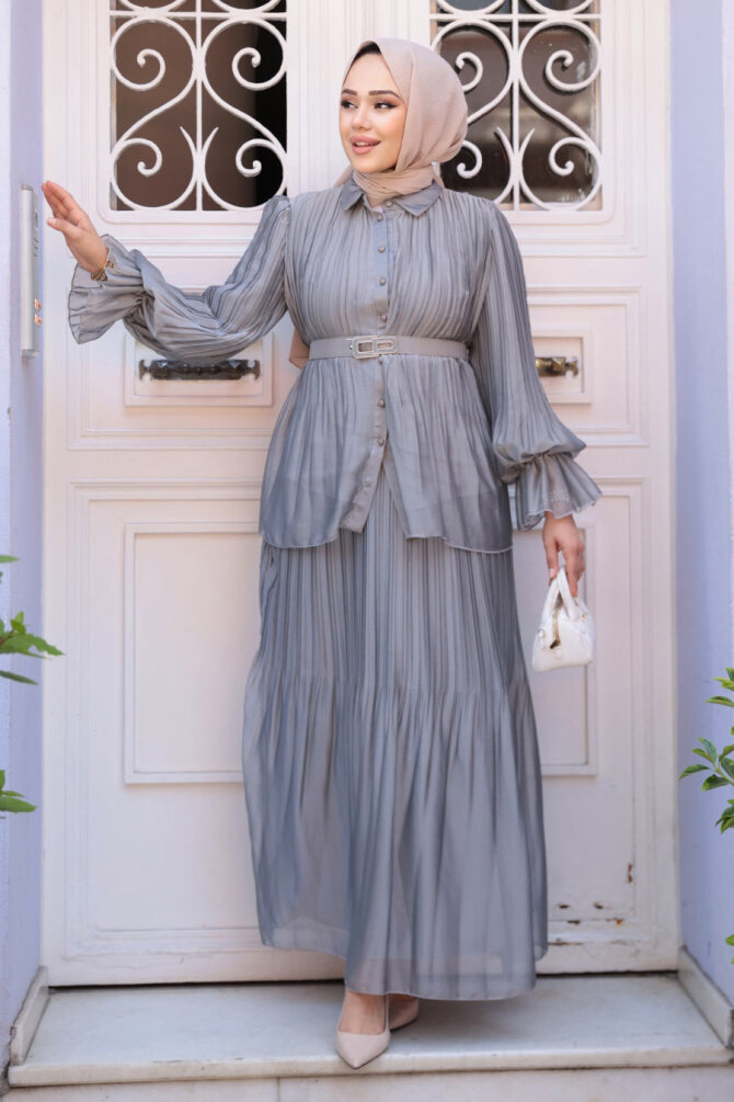 Pileli Füme Tesettür Etekli İkili Takım 4478FU - 2
