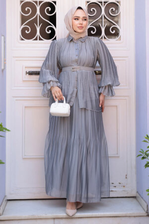 Pileli Füme Tesettür Etekli İkili Takım 4478FU - 3
