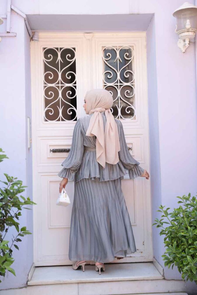 Pileli Füme Tesettür Etekli İkili Takım 4478FU - 4