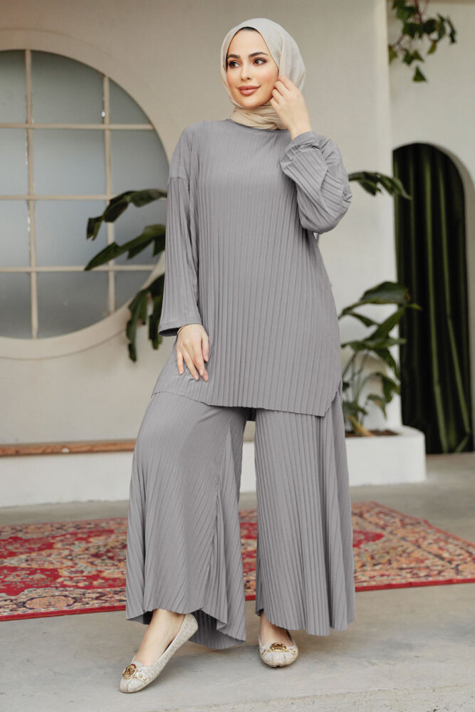 Pileli Gri Tesettür İkili Takım 12107GR - 1