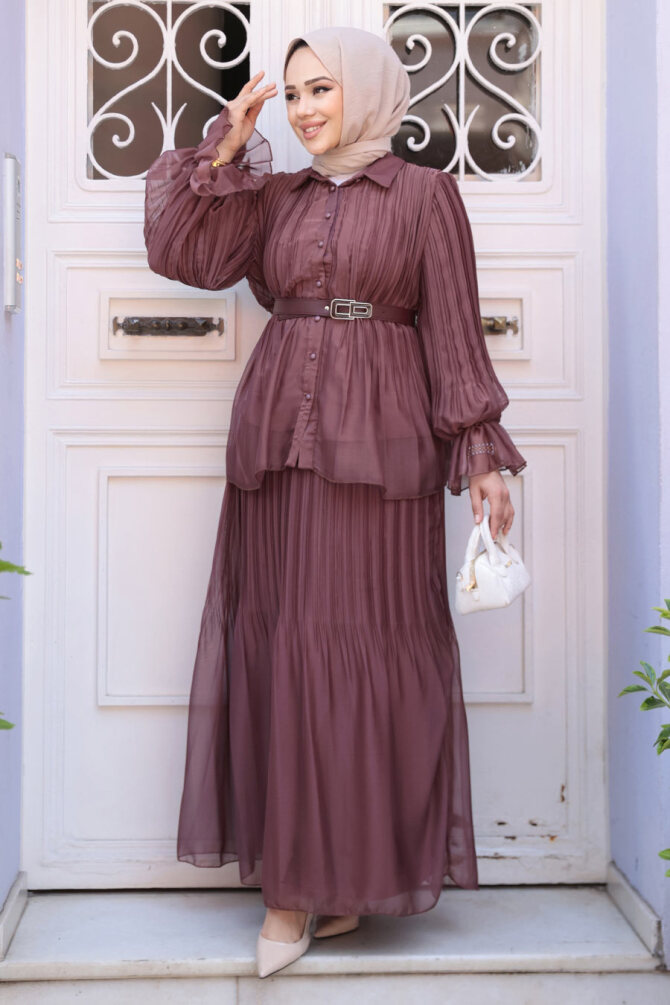 Pileli Kahverengi Tesettür Etekli İkili Takım 4478KH - 2