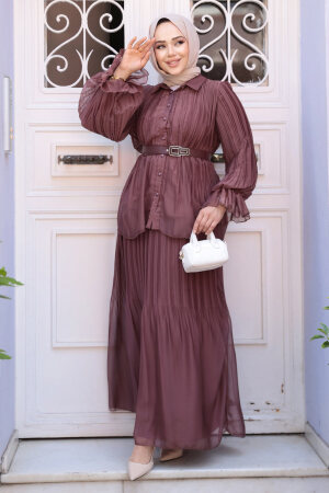 Pileli Kahverengi Tesettür Etekli İkili Takım 4478KH - 3