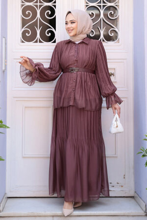 Pileli Kahverengi Tesettür Etekli İkili Takım 4478KH - 4