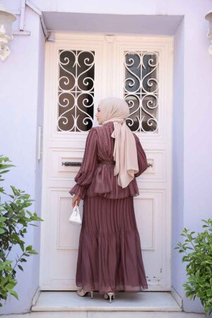 Pileli Kahverengi Tesettür Etekli İkili Takım 4478KH - 5