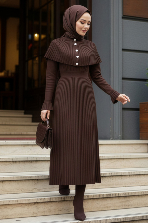 Pileli Kahverengi Tesettür Triko Elbise 78201KH 