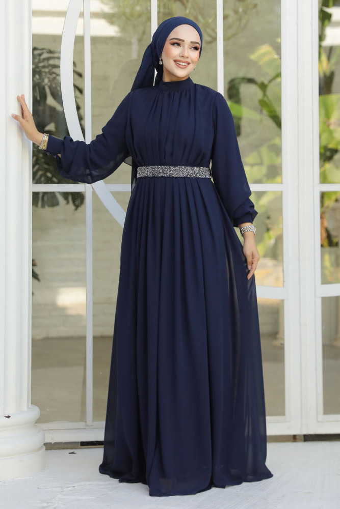  Pileli Lacivert Tesettür Abiye Elbise 25888L - 3