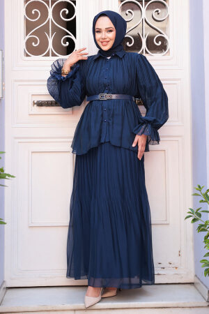 Pileli Lacivert Tesettür Etekli İkili Takım 4478L - 2