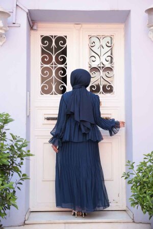 Pileli Lacivert Tesettür Etekli İkili Takım 4478L - 3