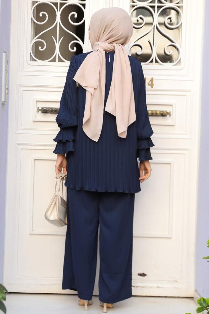 Pileli Lacivert Tesettür İkili Takım 17301L - 3