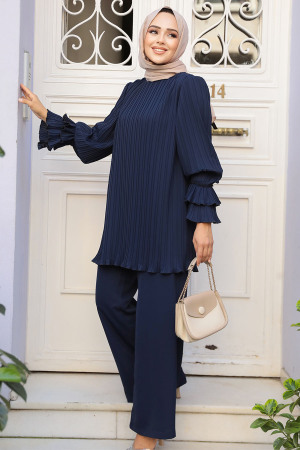 Pileli Lacivert Tesettür İkili Takım 17301L - 2