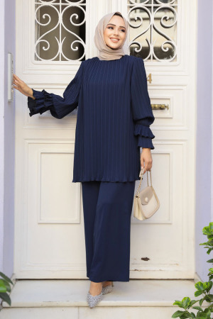 Pileli Lacivert Tesettür İkili Takım 17301L - 1