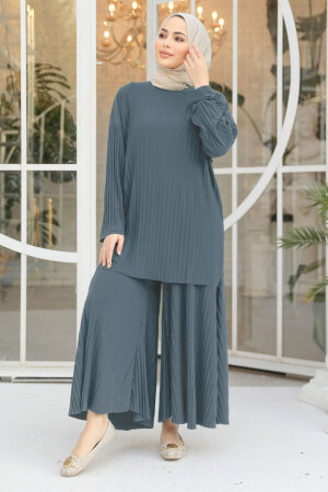 Pileli Mavi Tesettür İkili Takım 12107M 