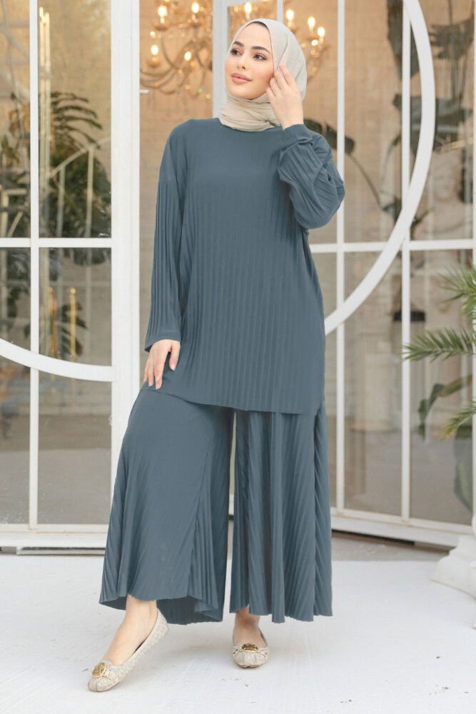 Pileli Mavi Tesettür İkili Takım 12107M - 1