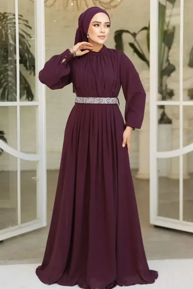 Pileli Mürdüm Tesettür Abiye Elbise 25888MU - 1