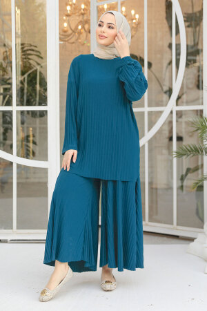Pileli Petrol Yeşili Tesettür İkili Takım 12107PY 