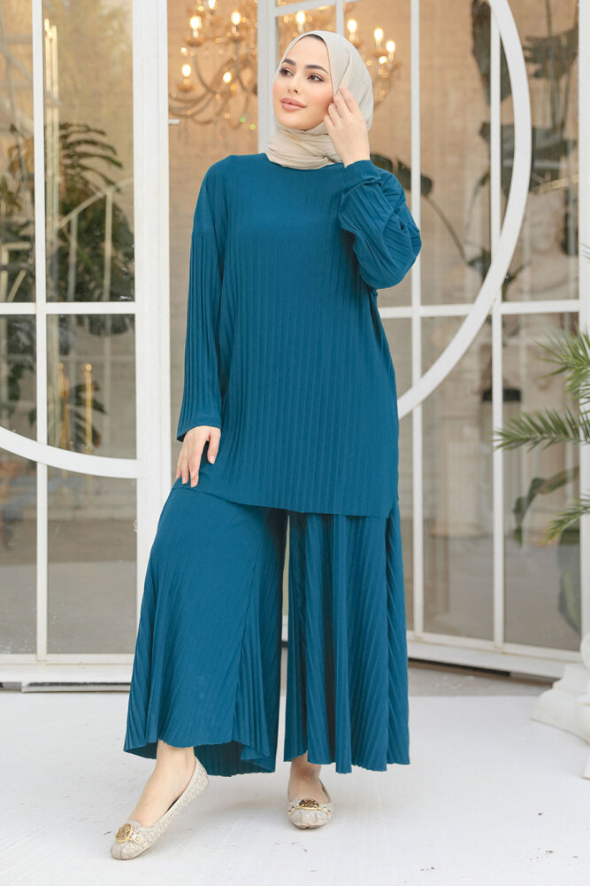 Pileli Petrol Yeşili Tesettür İkili Takım 12107PY - 1