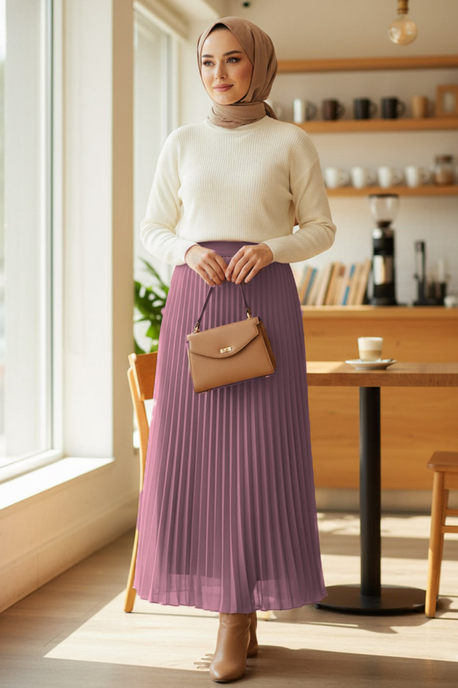 Pileli Pudra Tesettür Etek 92161PD - NEVA STYLE