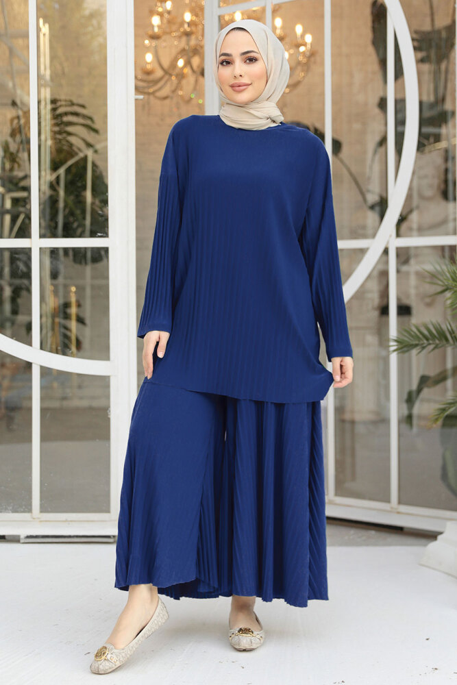 Pileli Sax Mavisi Tesettür İkili Takım 12107SX - 1