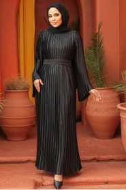 Pileli Siyah Tesettür Elbise 45771S - Thumbnail