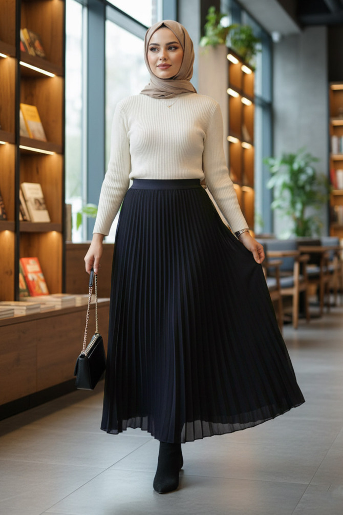 Pileli Siyah Tesettür Etek 92161S - 1