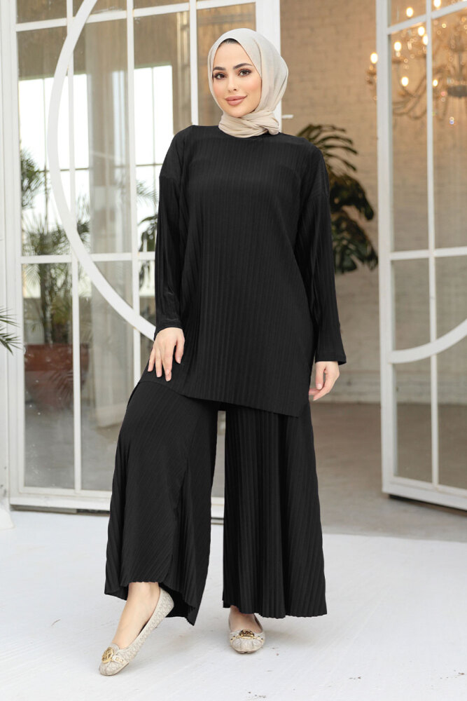 Pileli Siyah Tesettür İkili Takım 12107S - 1