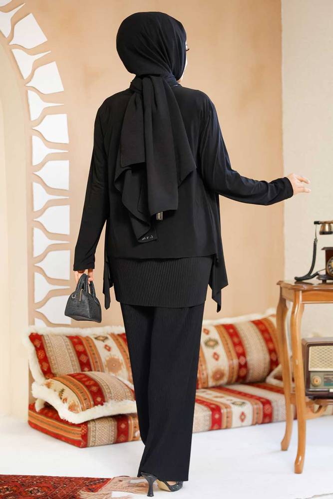 Pileli Siyah Tesettür İkili Takım 70212S - 4