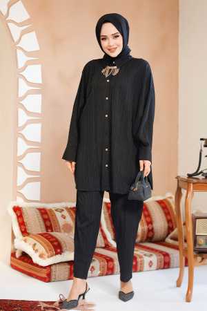 Pileli Siyah Tesettür İkili Takım 2817S - 2