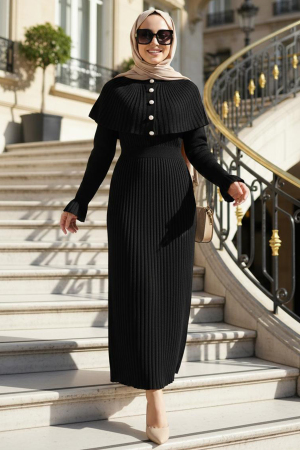 Pileli Siyah Tesettür Triko Elbise 78201S - 1