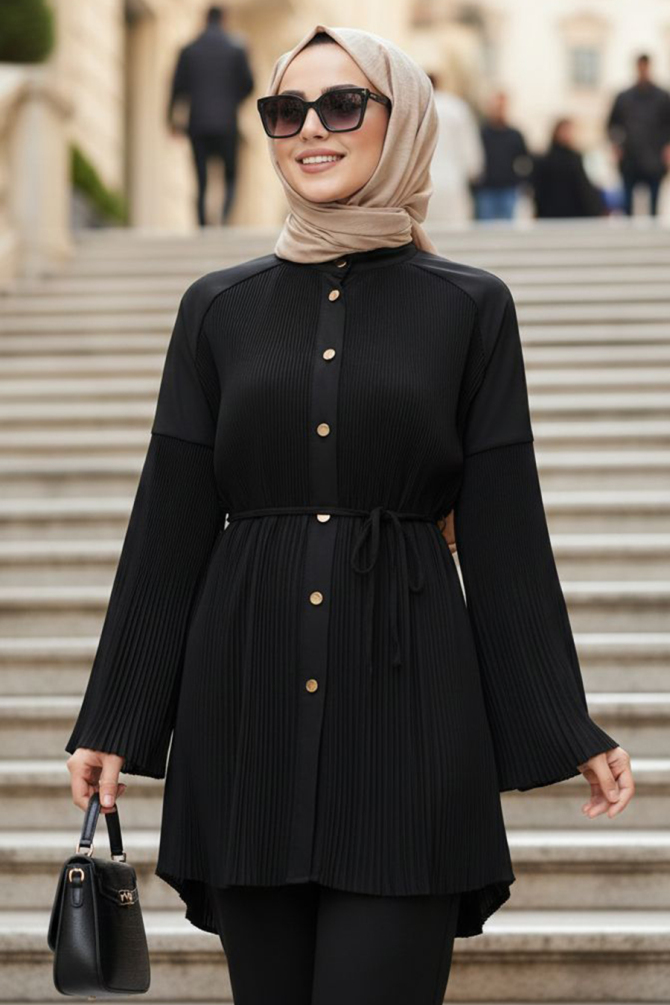 Pileli Siyah Tesettür Tunik 19301S - N.S NEVA STYLE