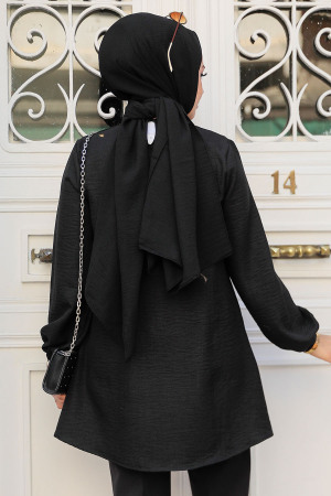 Pileli Siyah Tesettür Tunik 41391S - 4