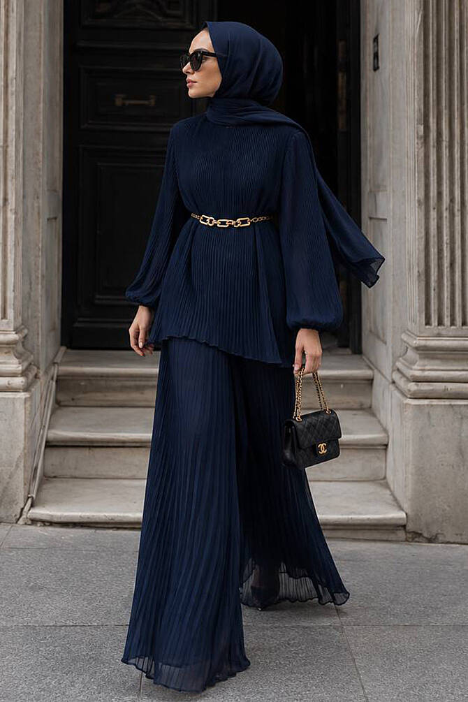 Pleated Chain-Accessory Navy Blue Chiffon Modest Skirt Set 13762L - 1