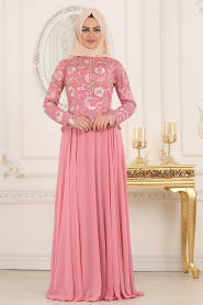 Pink Hijab Evening Dress 7488P - Thumbnail