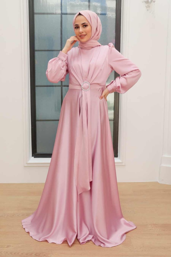 Neva Style - Long Sleeve Pink Hijab Evening Dress 3145P - 1