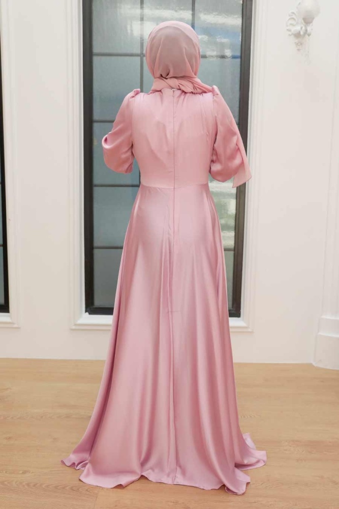 Neva Style - Long Sleeve Pink Hijab Evening Dress 3145P - 2