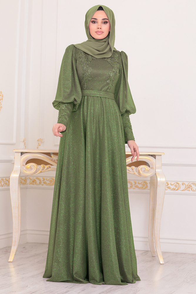 Pistachio Green Hijab Evening Dress 21521FY - 1