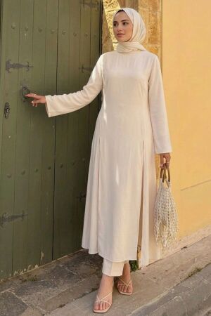 Plain Beige Slit-Detail Modest Tunic 52370BEJ 