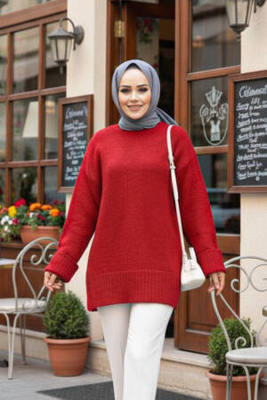 Plain Crew-Neck Red Modest Knit Sweater Tunic 60271K - 1