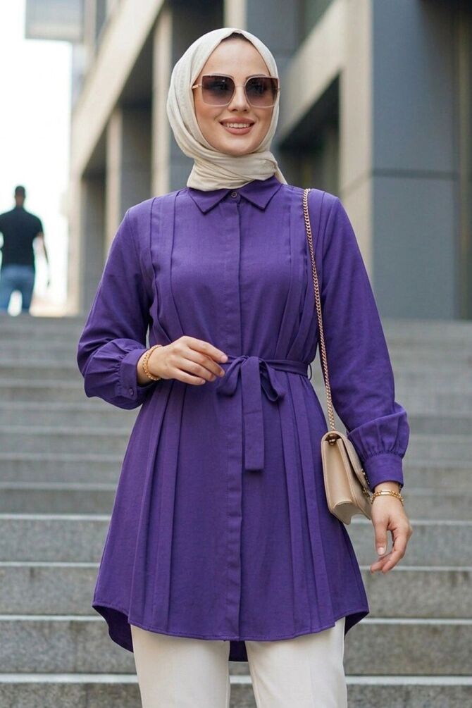 pleat-detail Purple Modest Tunic 20273MOR - 1