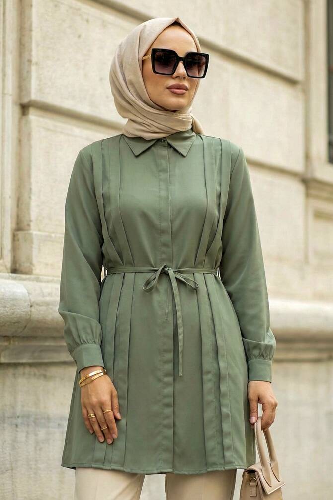 Pleat Detailed Almond Green Modest Tunic 20273CY - 1