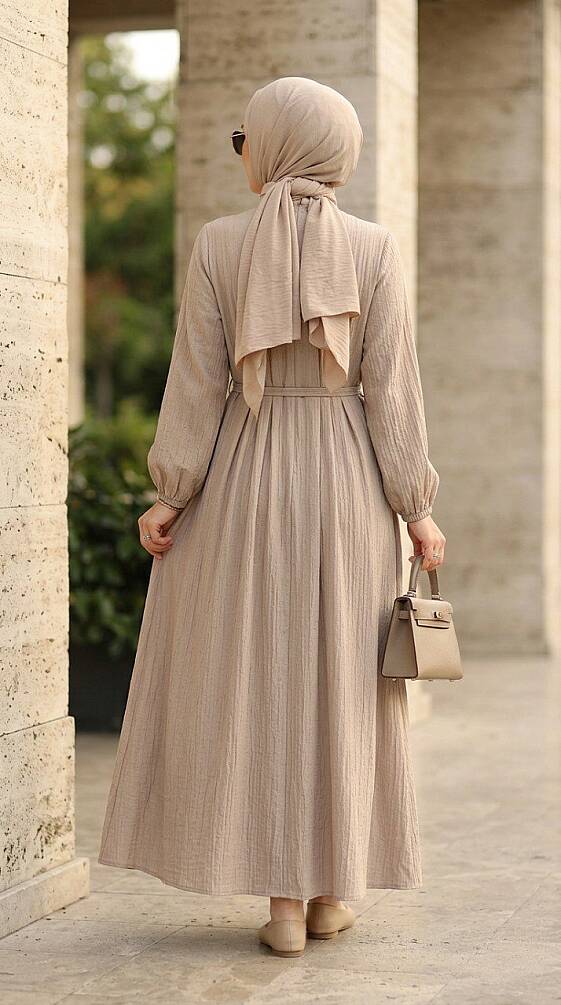 Pleat Detailed Beige Modest Dress 10320BEJ - 2