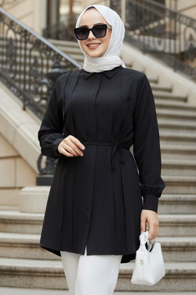 Pleat Detailed Black Modest Tunic 20273S - 1