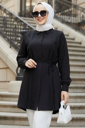 Pleat Detailed Black Modest Tunic 20273S 