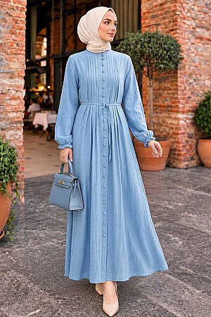 Pleat Detailed Blue Modest Dress 10320M 