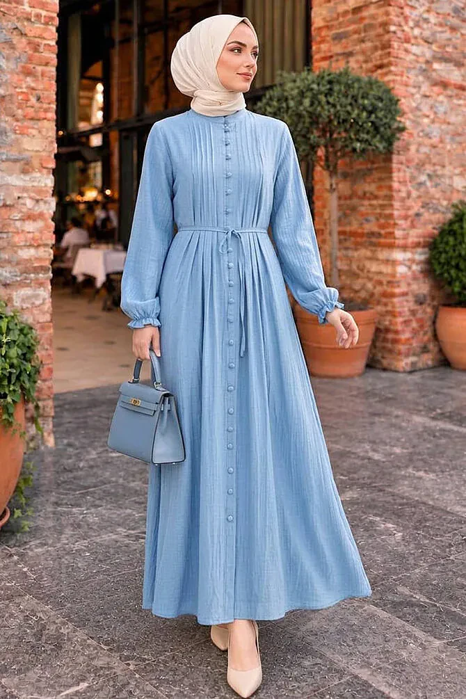 Pleat Detailed Blue Modest Dress 10320M - 1