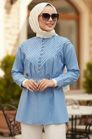 Pleat Detailed Blue Modest Tunic 19302M - 1